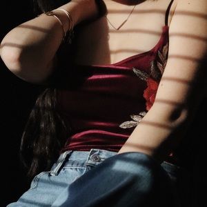 maroon velvet, floral embroidered bodysuit